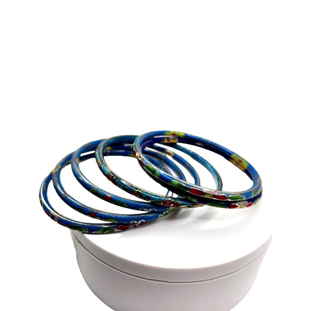 Set of SIX Vintage Cloisonné Enamel Bangles Floral Design Light Dark Blue Boho